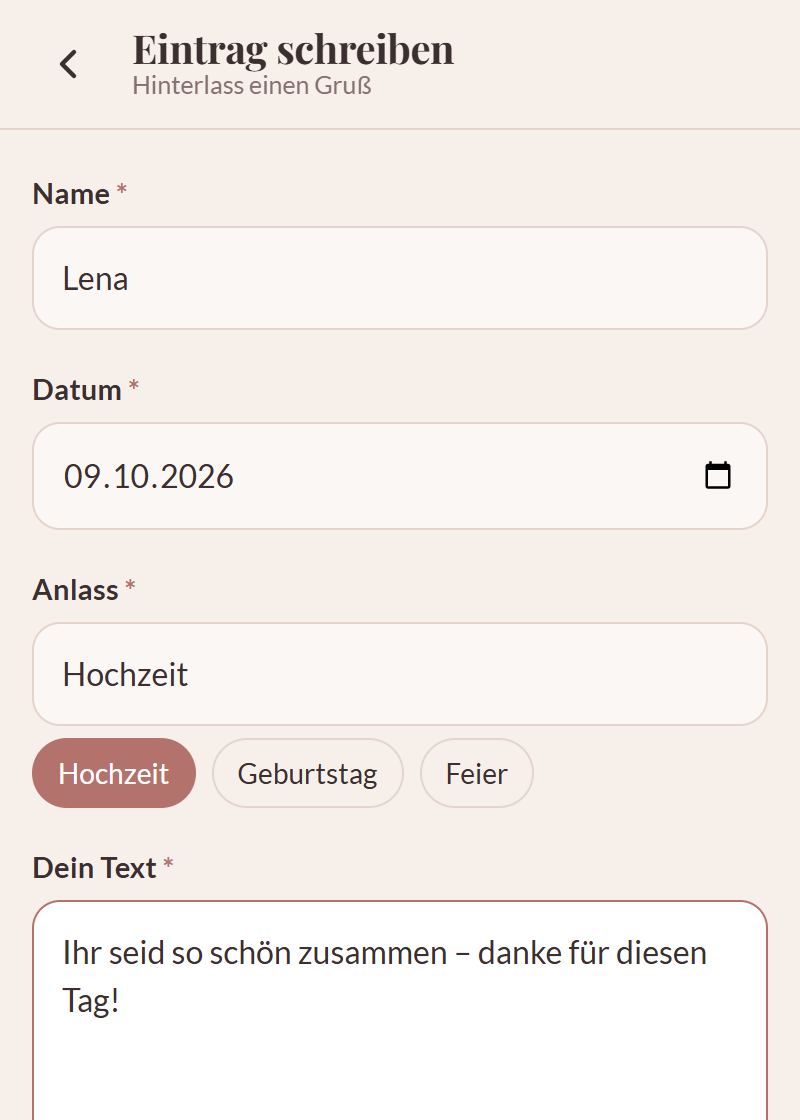 Eintragsformular des digitalen Gästebuchs auf dem Handy